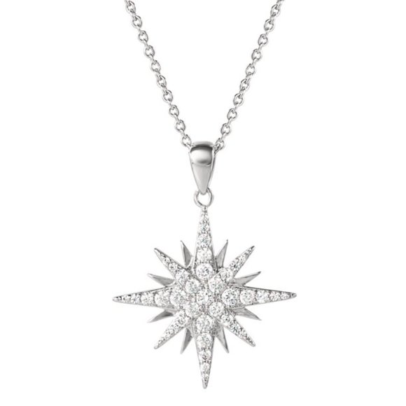 Fine Siver Plated Brass Cubic Zirconia Starburst Pendant, 18" + 2" Ext Chain - Picture 1 of 2